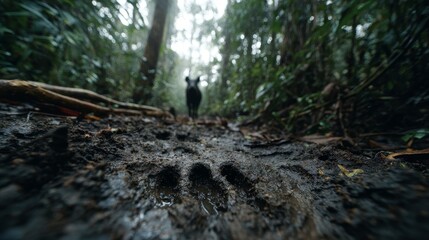 Muddy forest trail with large animal footprint and blurred dog in dense green woodland background