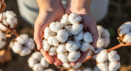 Hands holding fluffy white cotton bolls on a farm showing agriculture and natural fiber harvesting
