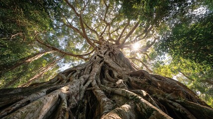 Majestic ancient tree with sprawling roots and sunlit green canopy viewed from the base looking upward