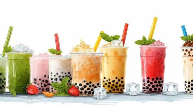 Assortment of colorful boba teas in clear cups with straws and toppings on a light backdrop