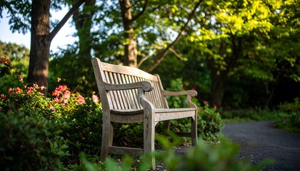 Obraz premium Wooden park bench nestled amidst greenery.