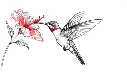 Hummingbird and hibiscus in line art