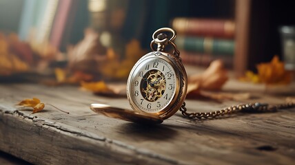 An antique gold pocket watch with an open cover, showcasing its intricate mechanical gears and dial, resting on a rustic wooden surface amidst autumn leaves