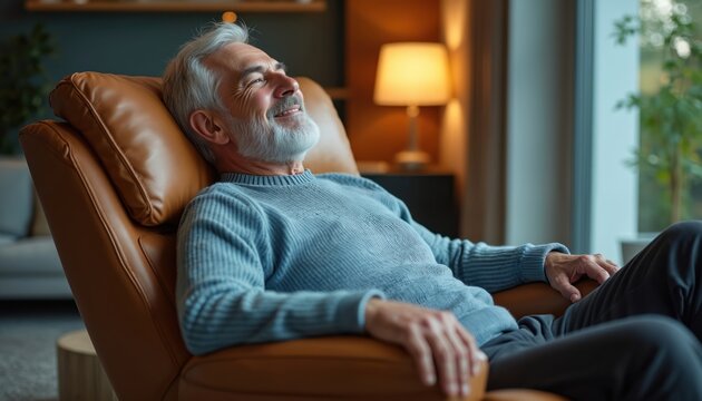 Senior man with gray hair and beard reclines in a comfortable brown leather armchair. He enjoys leisure time, exuding peace and tranquility in a cozy living space with a warm lamp and plants visible.