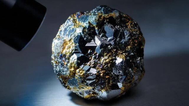 Close-up footage showcases the captivating facets and metallic sheen of a pyrite nodule mineral