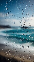 Close up of water droplets glass with blurred ocean view behind vertical wallpaper