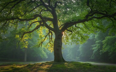 Fototapeta premium Majestic ancient oak tree bathed in golden morning sunlight, casting long shadows on a misty forest floor