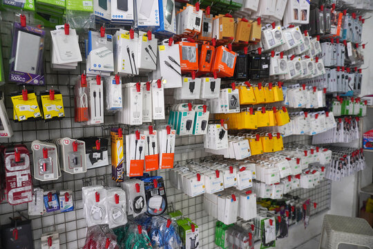 Smartphone accessories displayed in a retail store for customers