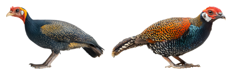 Two colorful pheasants one spotted dark blue with yellow spots the other with orange and blue plumage transparent background