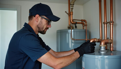 Plumber installs new water heater in utility room. Man wearing cap, glasses, gloves connects copper pipes. Home improvement and repair services. Professional plumbing work.