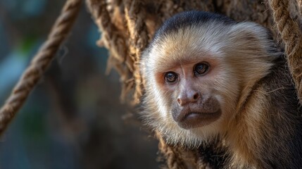 Close-up of a capuchin monkey with textured fur gazing sideways against a background of thick ropes and soft natural lighting