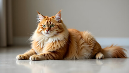 Fluffy Maine Cat Lying on Floor in Full Body View