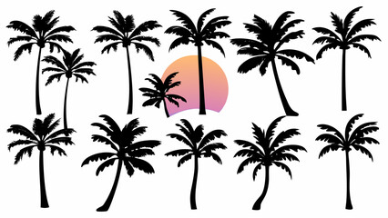 Fototapeta premium Silhouette of ten palm trees with a sunset background in shades of pink orange and purple color palette