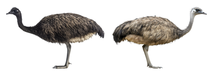 Two emus one dark and one lighter on black for easy isolation bird australian transparent background