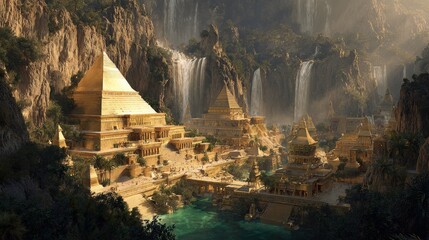 Ancient golden pyramids nestled in lush mountains with cascading waterfalls and turquoise waters in a mystical hidden city