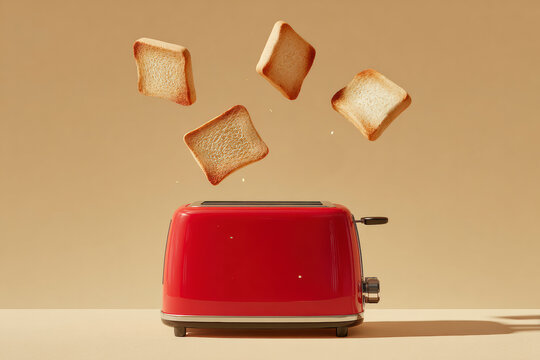 Toasting Bread: A vibrant red toaster sends slices of golden-brown toast flying against a warm backdrop. - Powered by Adobe
