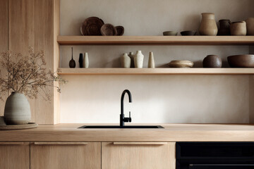Minimalist kitchen scene with wooden accents, showcasing simple elegance and functional design.