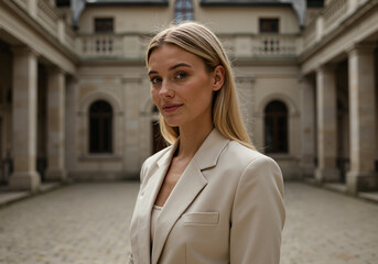 Obraz premium Young woman in stylish beige suit standing in courtyard 