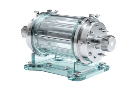 Transparent cylindrical machine with intricate metal and glass components