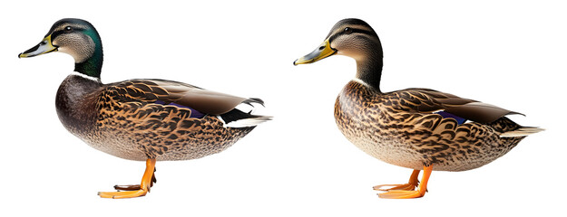 Two mallard ducks one male with green iridescent head one female side profile views transparent background