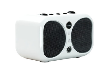 White, box-shaped audio speaker with black mesh speaker covers, controls on top