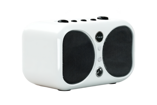 White, box-shaped audio speaker with black mesh speaker covers, controls on top