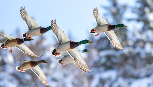 Flock of ducks in flight against a snowy backdrop
