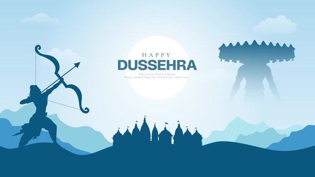 Happy Dussehra Celebration: A graphic design illustration, featuring a traditional bow and arrow, with ram or ravan and the text Happy Dussehra Celebration, capturing the festive spirit of Dussehra