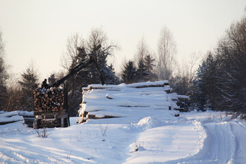 Winter logging in a remote village in Russia
