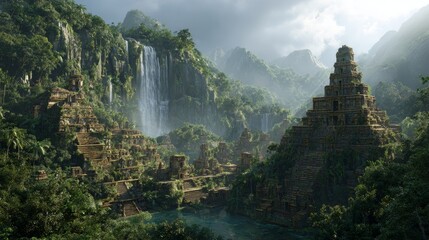 Ancient stepped stone pyramids surrounded by dense jungle foliage with a cascading waterfall and misty mountain cliffs under soft natural light