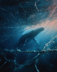 Naklejka premium Whale Swimming Toward Light in Deep Ocean – Hope and Marine Conservation Concept Art