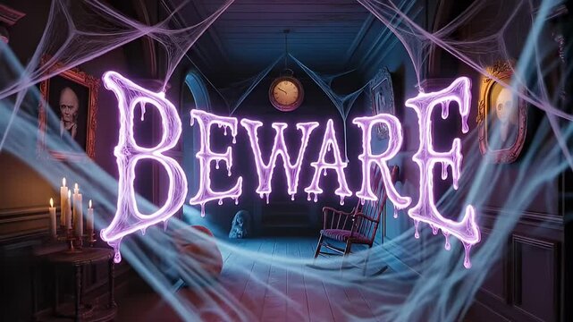 beware text in spooky haunted house scene