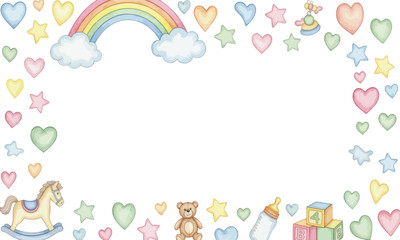 Fototapeta premium Pastel rainbow, hearts, stars, and baby toys frame a blank space.