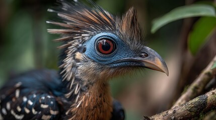 Fototapeta premium Close-up of a vibrant tropical bird with bright blue facial skin, striking red eyes, spiky crest feathers, and mixed brown black and white plumage in a lush green habitat