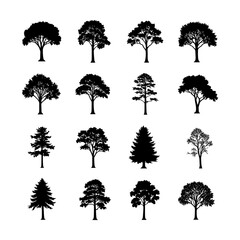Fototapeta premium Diverse Collection of Tree Silhouettes Representing Nature, Growth, and Various Tree Species in a Simple and Elegant Graphic Style for Design Projects