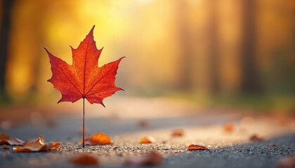 Single vibrant red autumn maple leaf stands upright on pathway. Soft blurred background with warm sunlight filtering through trees. Scattered fallen leaves on ground add to serene autumnal beauty,