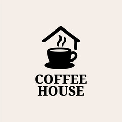 Minimalist coffee house logo featuring a steaming cup under a roof symbol. Clean silhouette design perfect for café branding, coffee shop identity, packaging, or restaurant signage.