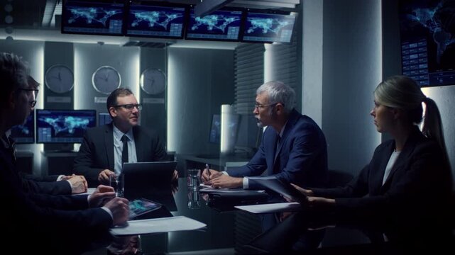 Executives  on a Corporation Meeting, Discussing Strategy, Policy, and Data Analysis. Professionals Crisis Management, and Corporate Governance in a Modern, Technological Company Boardroom.