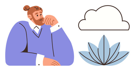 Man resting chin on hand appears in reflective mood next to a cloud and lotus flower. Ideal for mindfulness, meditation, creativity, problem-solving, emotional intelligence, imagination, peace