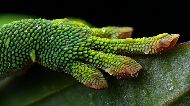 Close-up of vibrant green gecko foot with textured scales and water droplets resting on a leaf against a black background