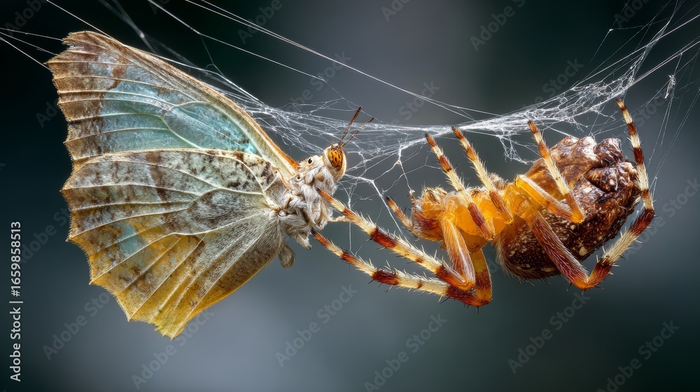 Wall mural close-up of a spider feeding on a butterfly trapped in intricate web strands against a softly blurre