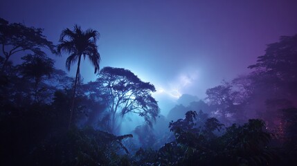 Mystical Night Forest Silhouettes Under Electric Blue and Purple Sky Glow