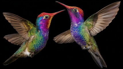Obraz premium Vibrant pair of colorful hummingbirds with wings spread facing each other on a black background