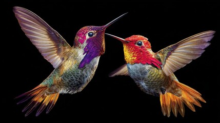 Two vibrant hummingbirds with colorful plumage facing each other against a black background with wings spread wide