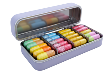 Open pillbox with colorful capsules, arranged in separated compartments