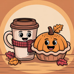 Vector Illustration of Coffee Cup and Pumpkin Pie Mascot Smiling Together in Cozy Autumn Theme