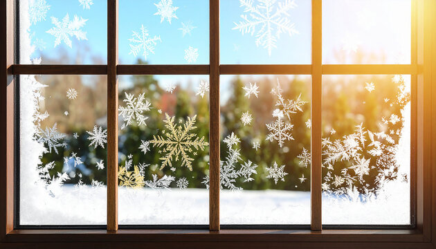 Festive Snowflake Window Framing a Sun-Drenched, Snowy Winter Morning. - Powered by Adobe