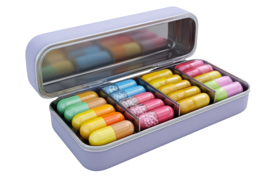 Open pillbox with colorful capsules, arranged in separated compartments