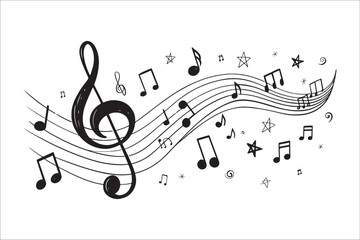 Fototapeta premium Musical notes melody flowing through staff silhouette