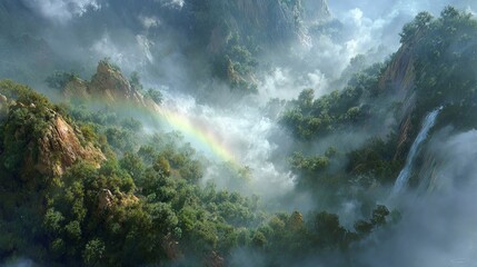 Misty mountain landscape with dense green forest, rocky cliffs, and a rainbow emerging through ethereal fog and soft filtered light